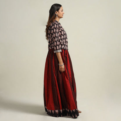 Red - Bagh Block Printed Patchwork Cotton Long Skirt