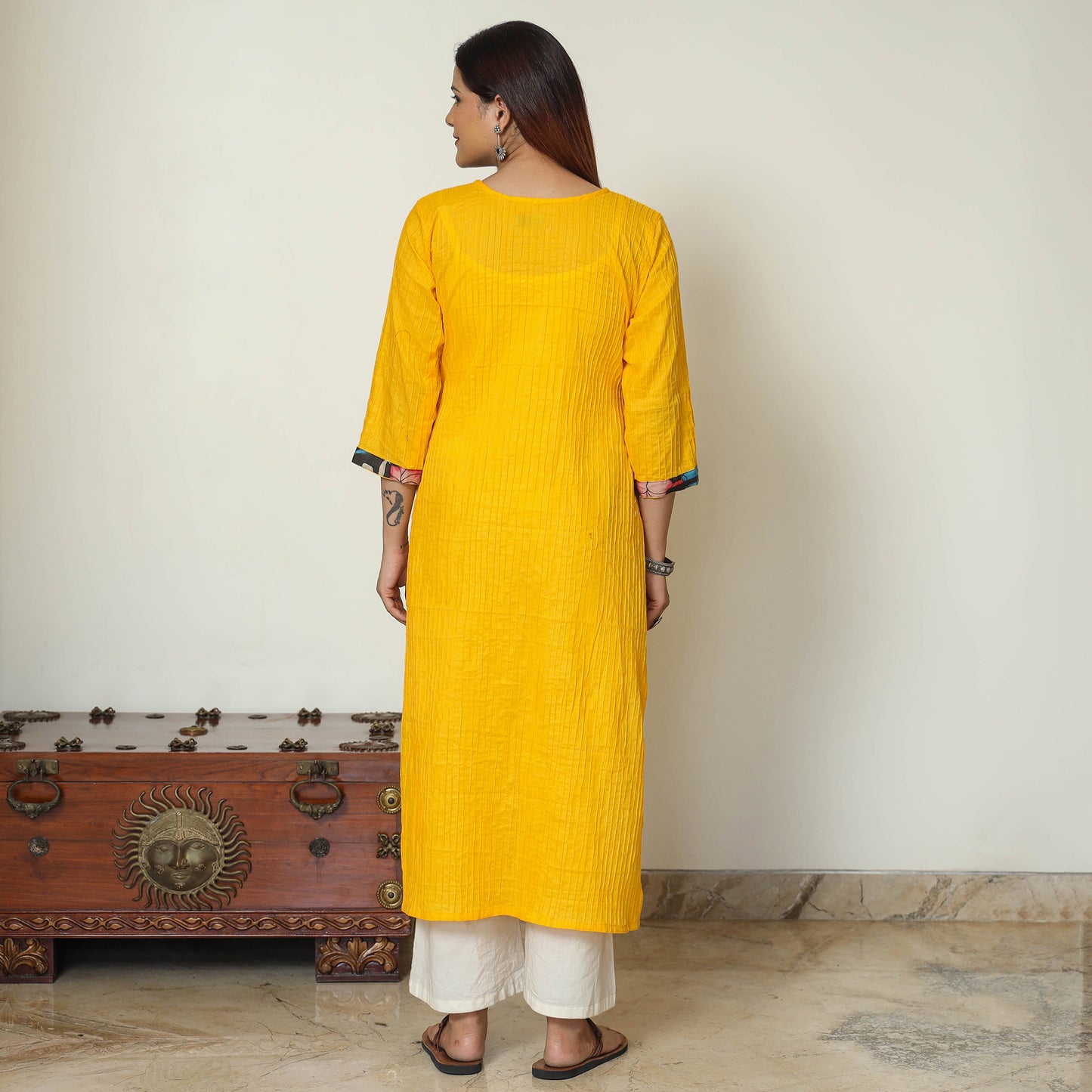 Yellow - Srikalahasti Kalamkari Patchwork Pintuck Plain Cotton Straight Kurta 06