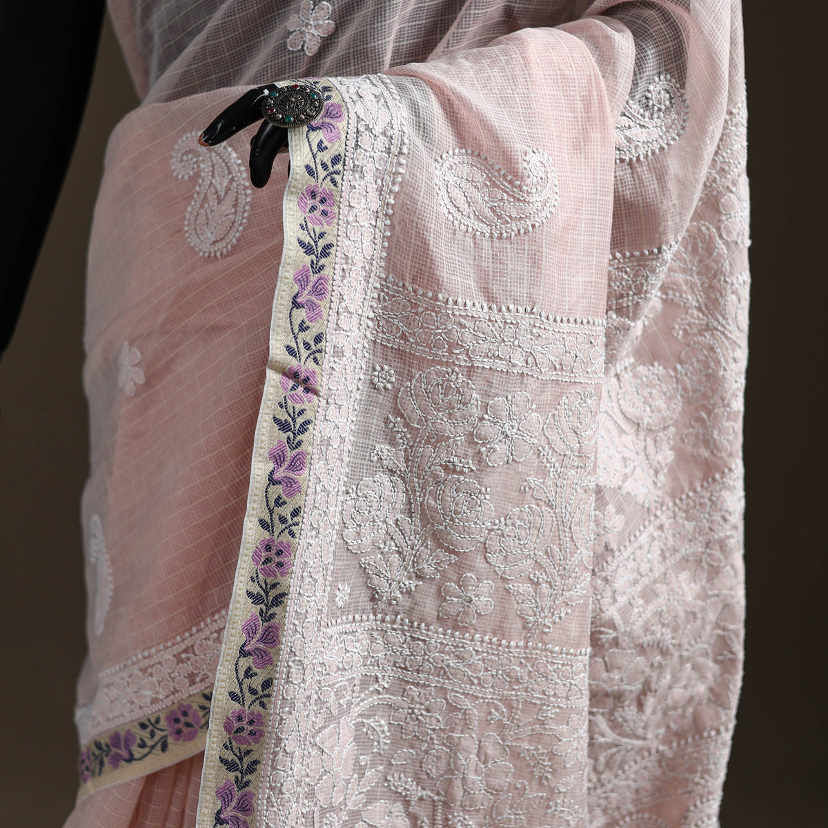 Hand Embroidered Kota Doria Cotton Lucknowi Chikankari Saree with Border 16