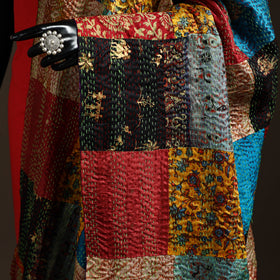 Bengal Hand Embroidery Patchwork Reversible Silk Kantha Dupatta 23