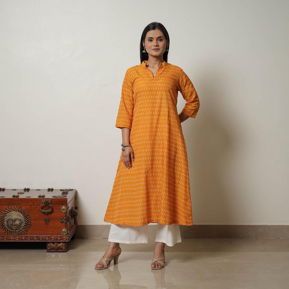 Orange - Mercerised Cotton A-Line Pochampally Ikat Kurta 04