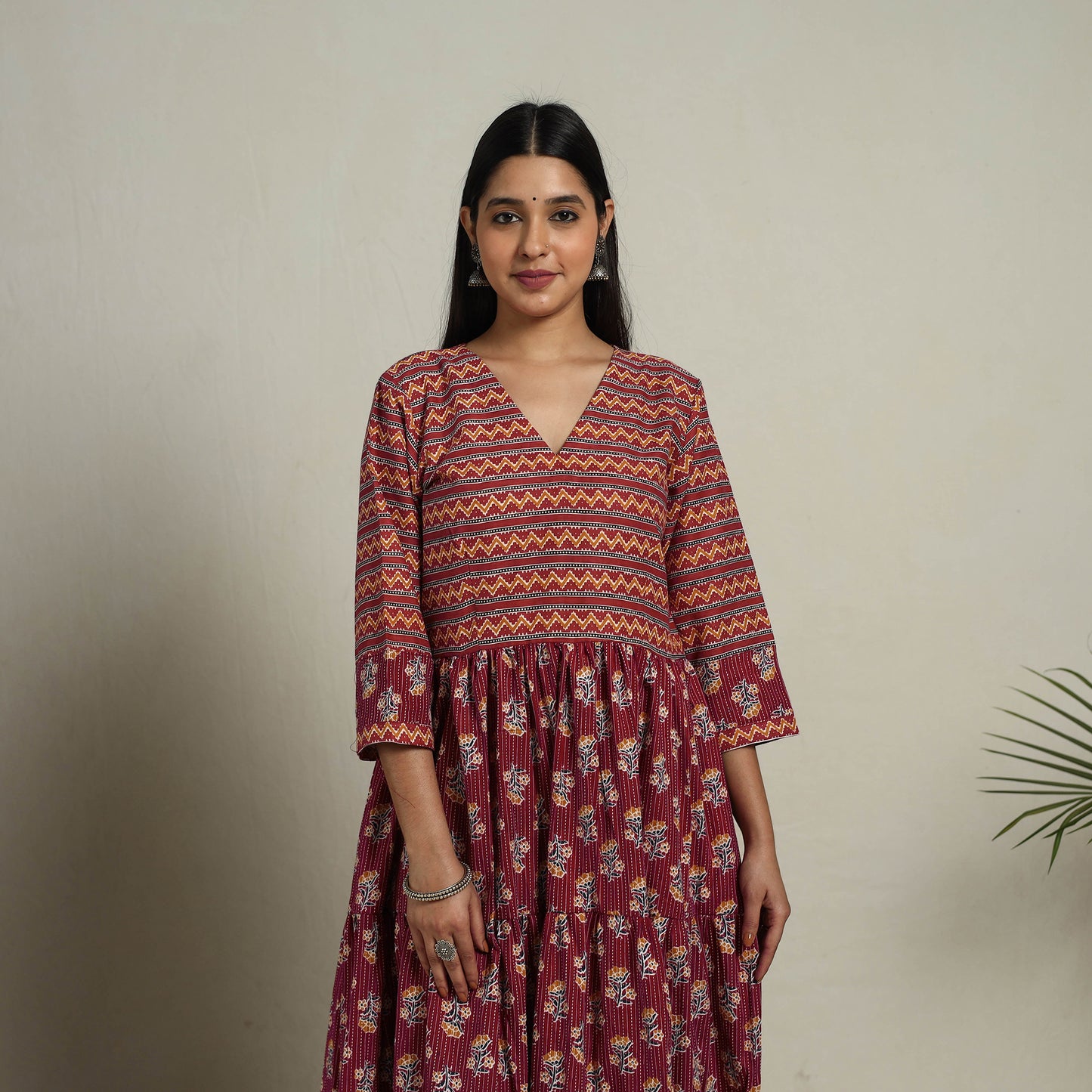 Maroon Mosaic Fusion Tiered Kantha Jaipur Print Cotton Kurta for Women