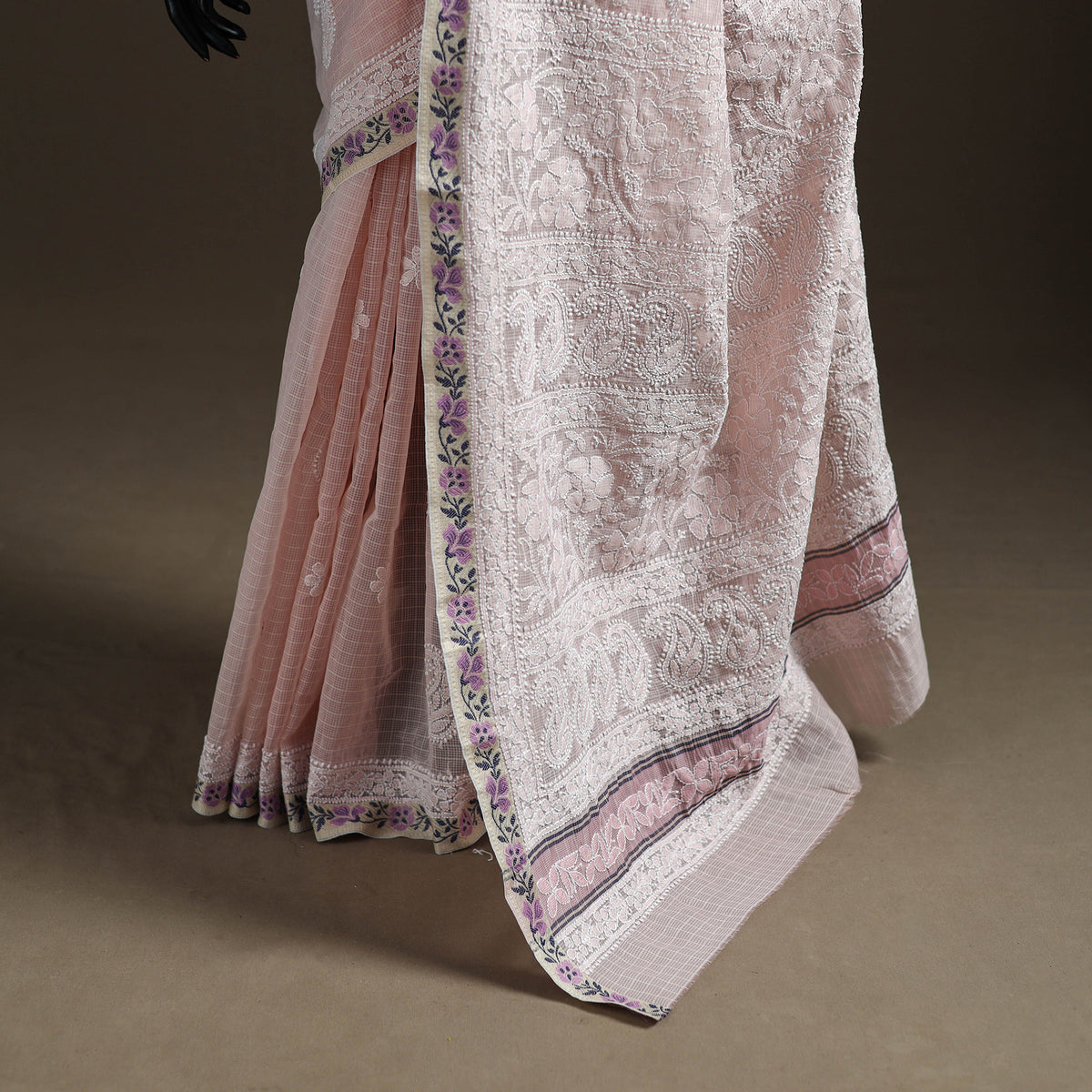 Hand Embroidered Kota Doria Cotton Lucknowi Chikankari Saree with Border 16