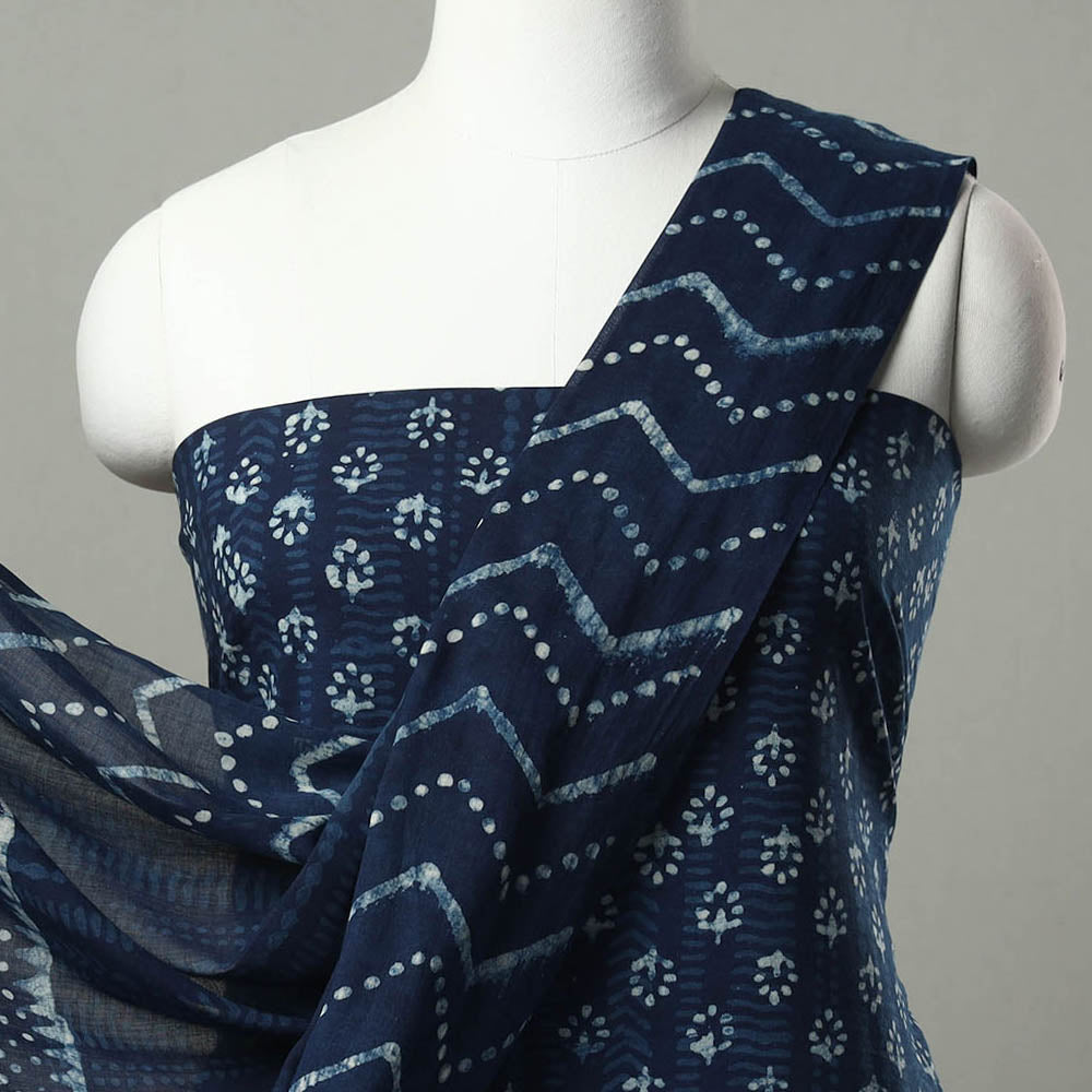 Blue - 3pc Indigo Bagru Block Print Cotton Dress Material Set 04 (Copy)