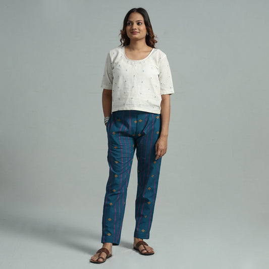 Blue - Jacquard Weave Cotton Elasticated Pant