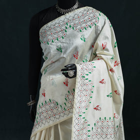 White - Bengal Hand Embroidery Silk Nakshi Kantha Saree 30