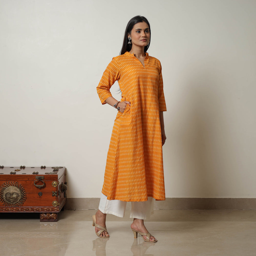 Orange - Mercerised Cotton A-Line Pochampally Ikat Kurta 04