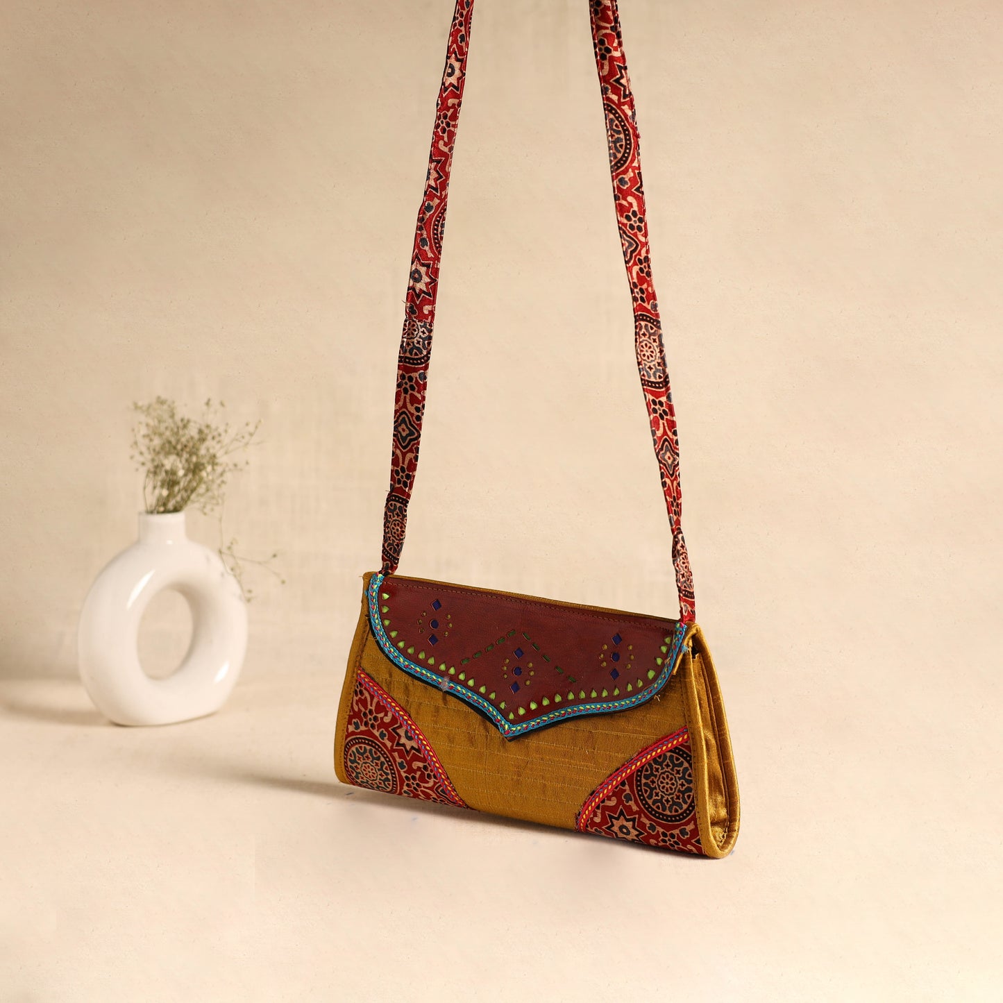 Traditional Kutch Patchwork Silk Leather Flap Sling Bag 30