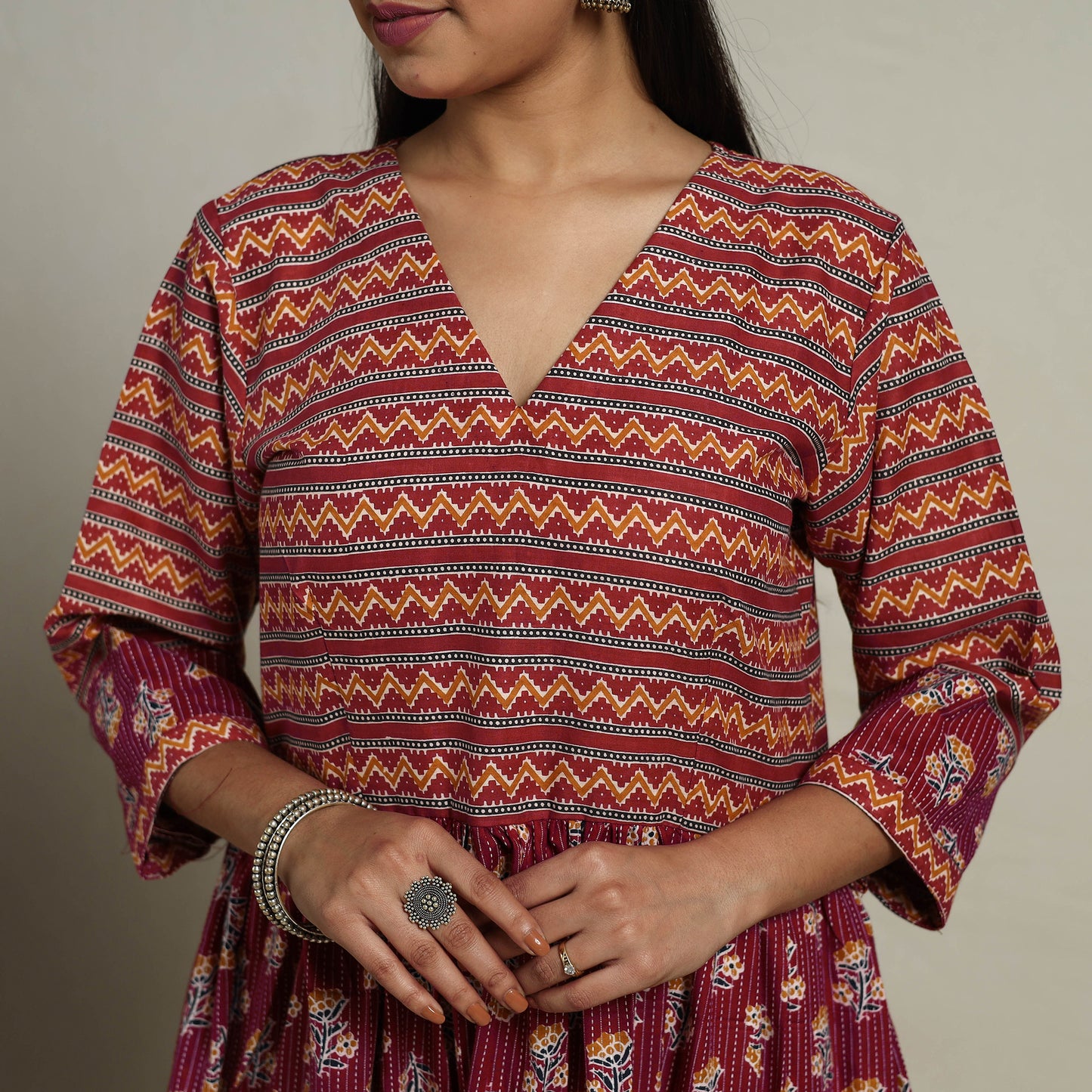 Maroon Mosaic Fusion Tiered Kantha Jaipur Print Cotton Kurta for Women