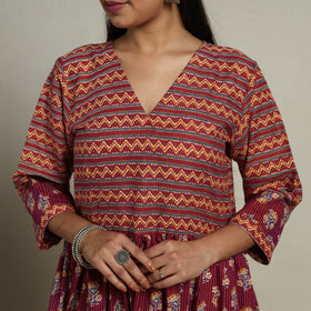 Maroon Mosaic Fusion Tiered Kantha Jaipur Print Cotton Kurta for Women