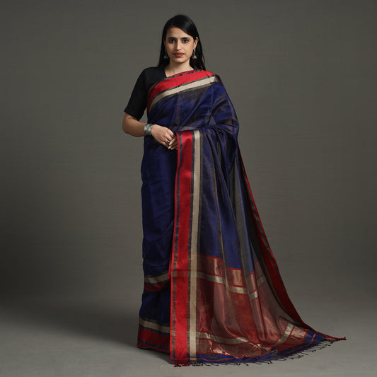 Blue - Traditional Maheshwari Silk Handloom Tissue Zari Weave Saree with Resham Border