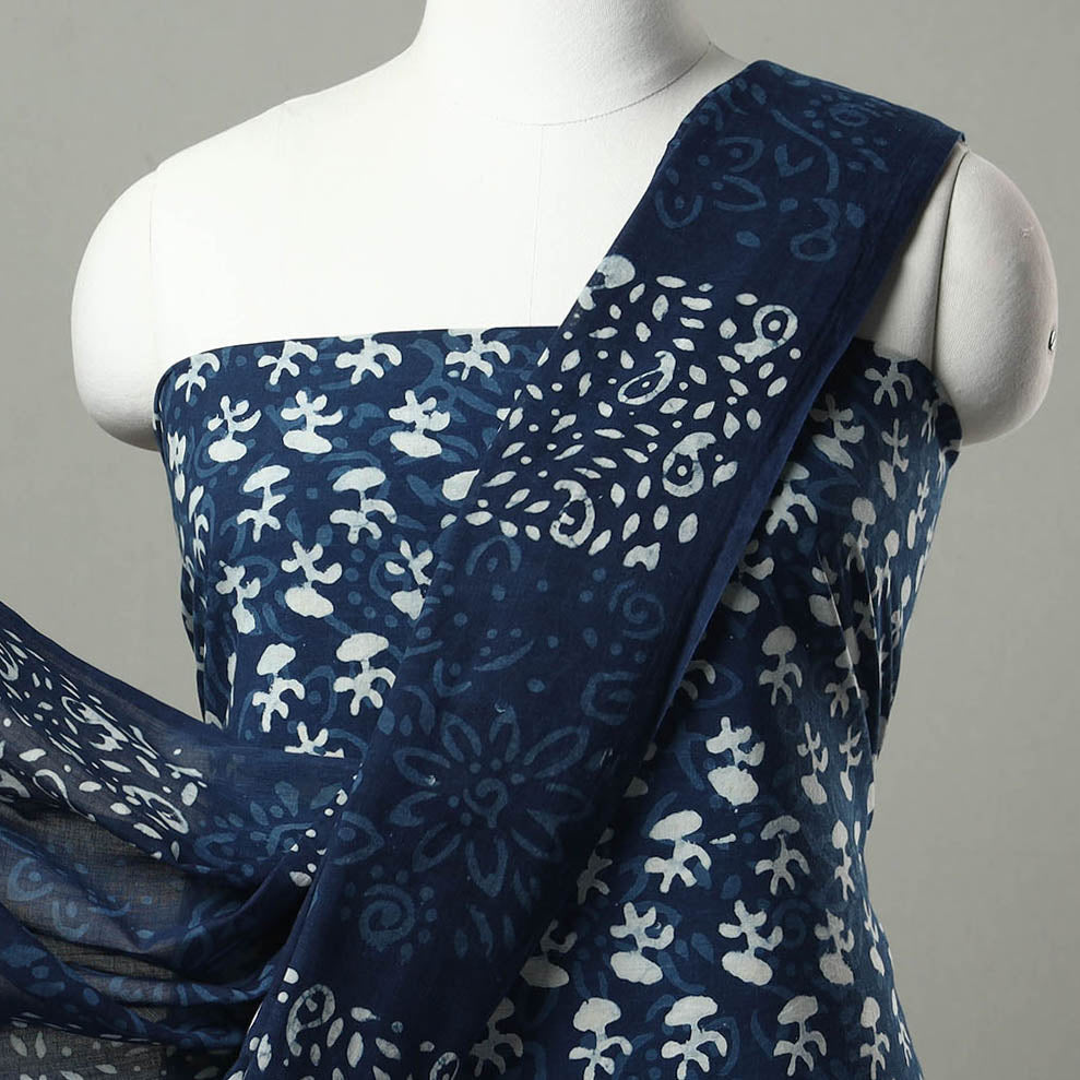 Blue - 3pc Indigo Bagru Block Print Cotton Dress Material Set 05