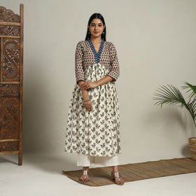 Off White Block Print Mosaic Fusion Flared Mangalagiri Cotton Kurta