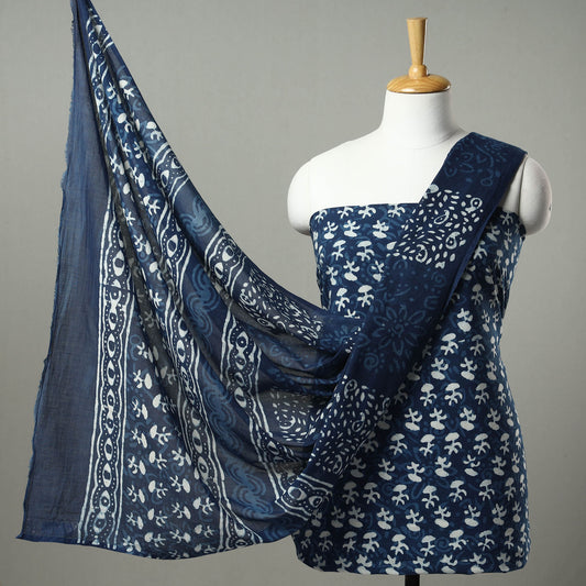 Blue - 3pc Indigo Bagru Block Print Cotton Dress Material Set 05