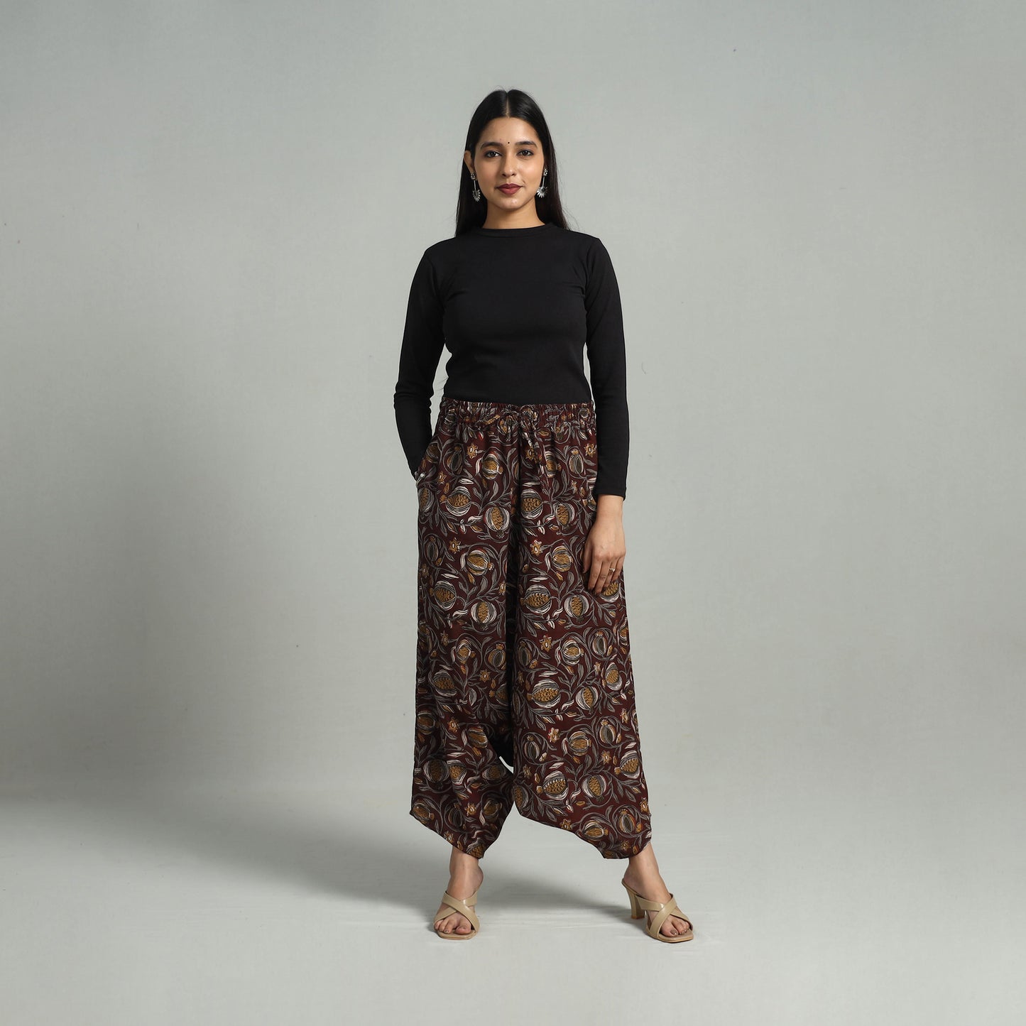 Maroon - Bagru Block Print Cotton Elasticated Harem Pant 12