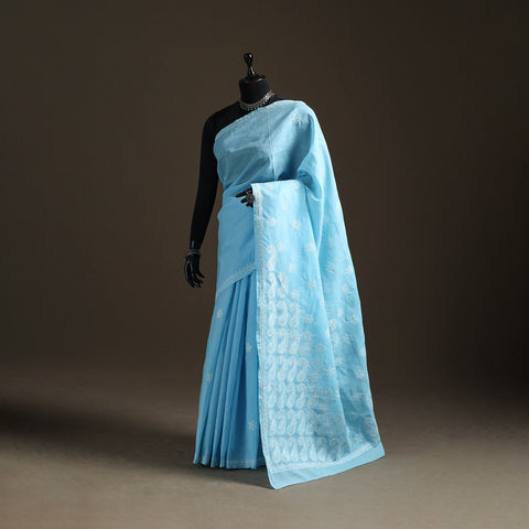 Hand Embroidered Terivoile Cotton Lucknowi Chikankari Saree 17