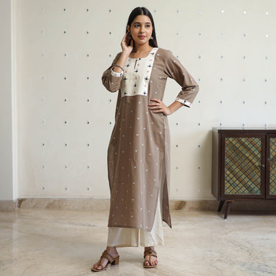 Brown - Jacquard Weave Cotton Straight Kurta with Ikat Patchwork 19
