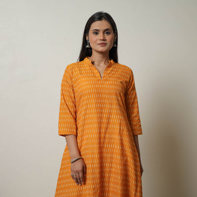 Orange - Mercerised Cotton A-Line Pochampally Ikat Kurta 04