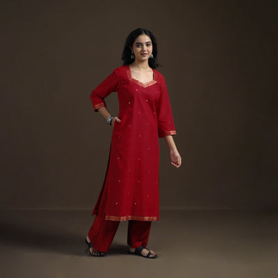 Red - Mangalagiri Pure Handwoven Cotton Mirror Work Straight Long Kurta for women 05