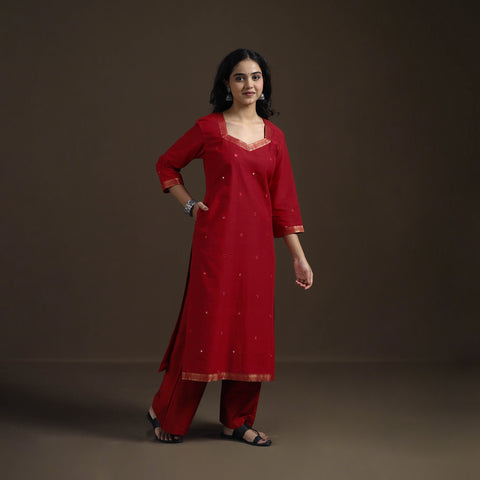 Red - Mangalagiri Pure Handwoven Cotton Mirror Work Straight Kurta for women 05