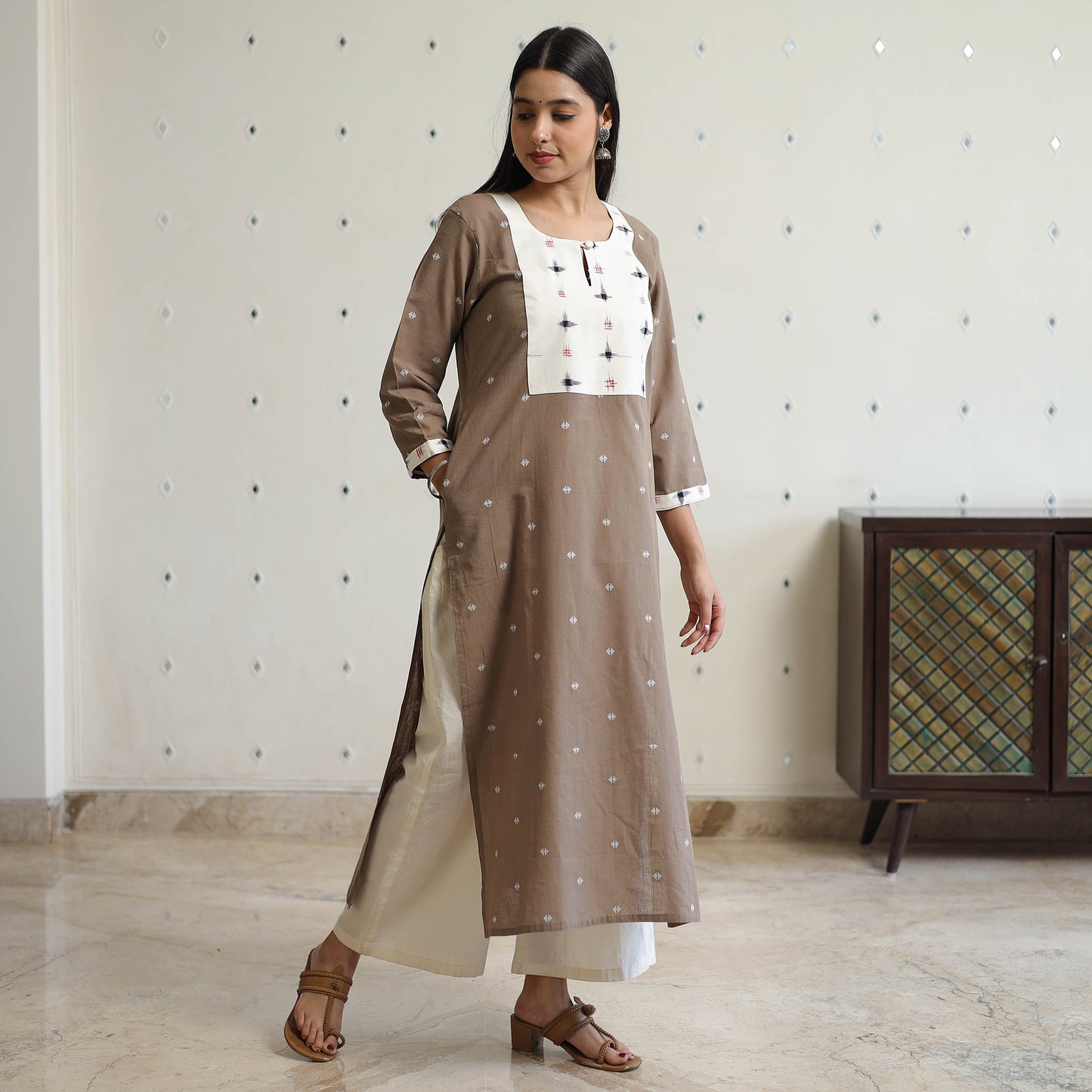 Brown - Jacquard Weave Cotton Straight Kurta with Ikat Patchwork 19