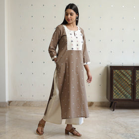 Brown - Jacquard Weave Cotton Straight Kurta with Ikat Patchwork 19