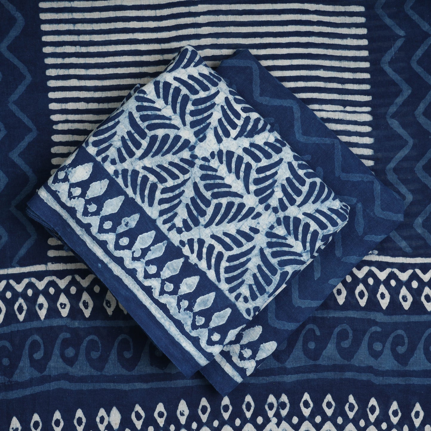 Blue - 3pc Indigo Bagru Block Print Cotton Dress Material Set 03