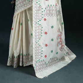 White - Bengal Hand Embroidery Silk Nakshi Kantha Saree 30