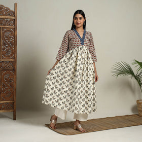Off White Block Print Mosaic Fusion Flared Mangalagiri Cotton Kurta