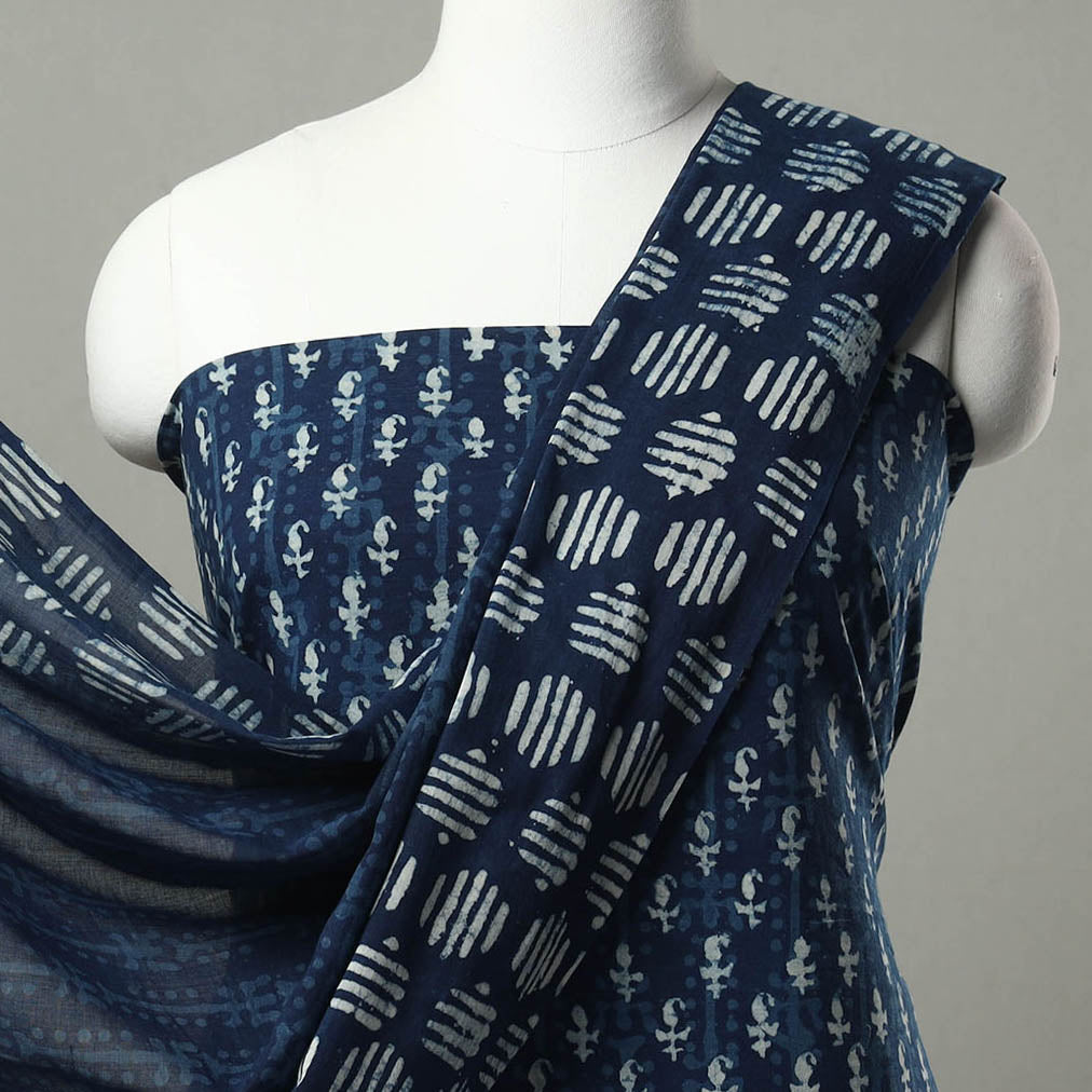 Blue - 3pc Indigo Bagru Block Print Cotton Dress Material Set 06