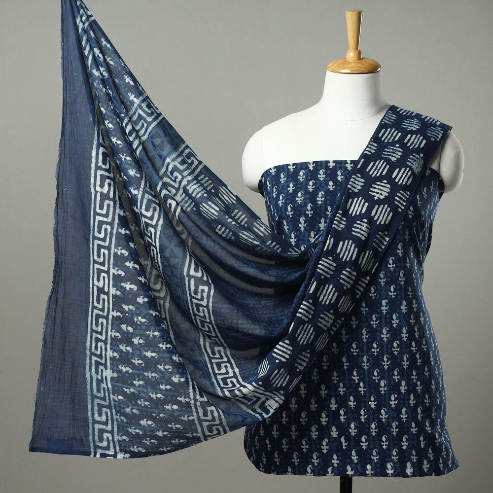 Blue - 3pc Indigo Bagru Block Print Cotton Dress Material Set 06