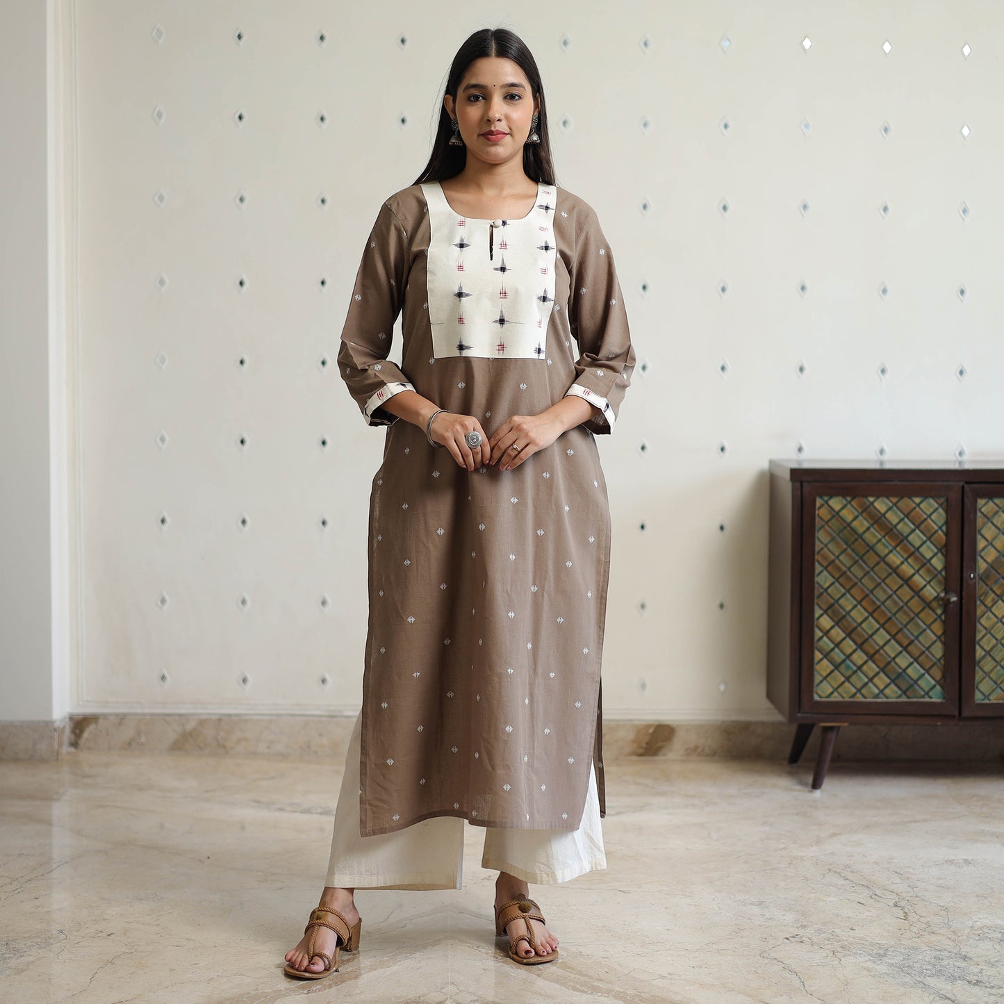 Brown - Jacquard Weave Cotton Straight Kurta with Ikat Patchwork 19