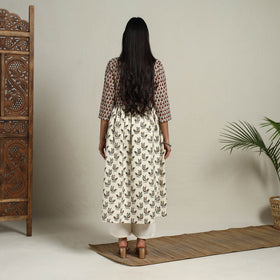 Off White Block Print Mosaic Fusion Flared Mangalagiri Cotton Kurta