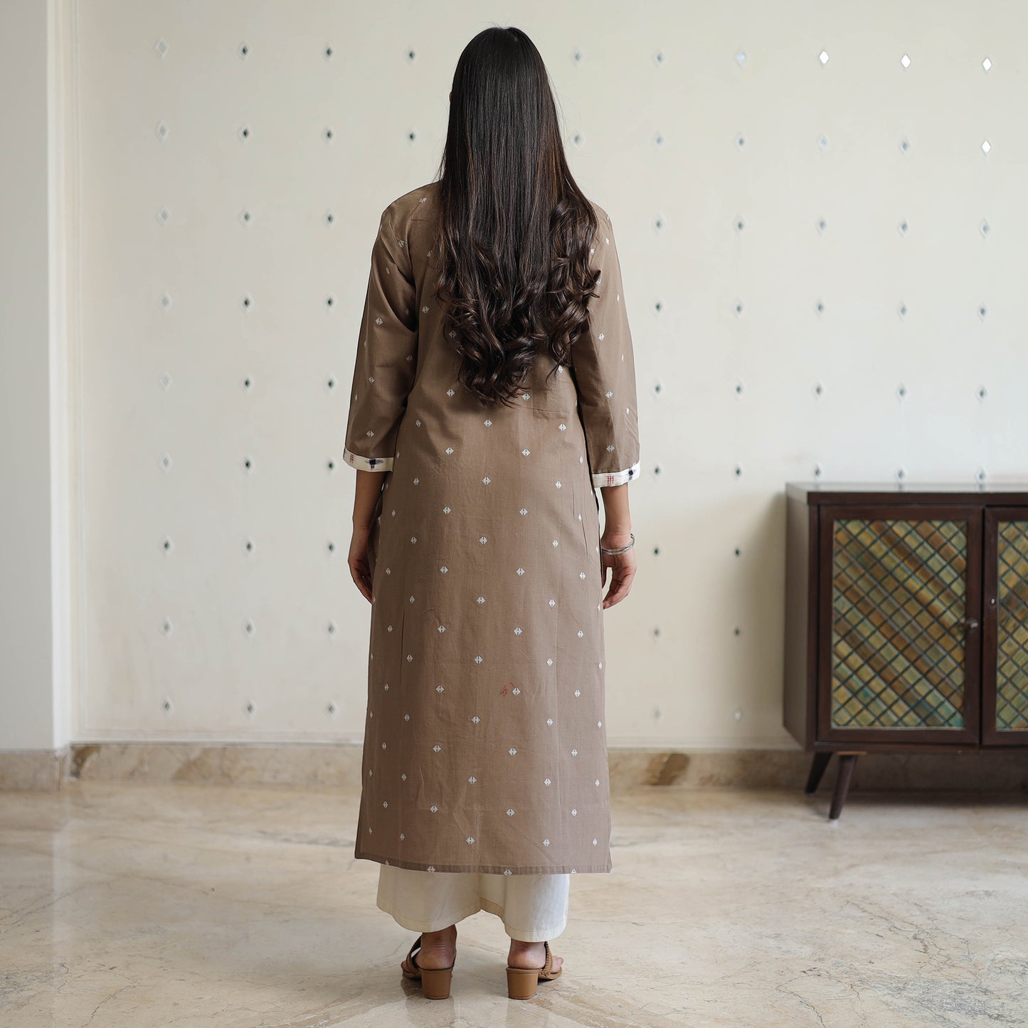Brown - Jacquard Weave Cotton Straight Kurta with Ikat Patchwork 19