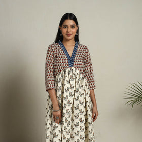 Off White Block Print Mosaic Fusion Flared Mangalagiri Cotton Kurta