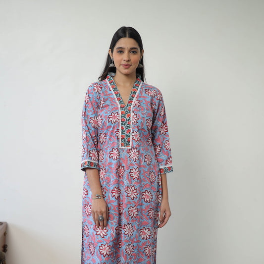 Blue - Block Print Cotton Straight Sanganeri Kurta 10