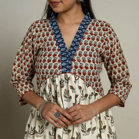 Off White Block Print Mosaic Fusion Flared Mangalagiri Cotton Kurta