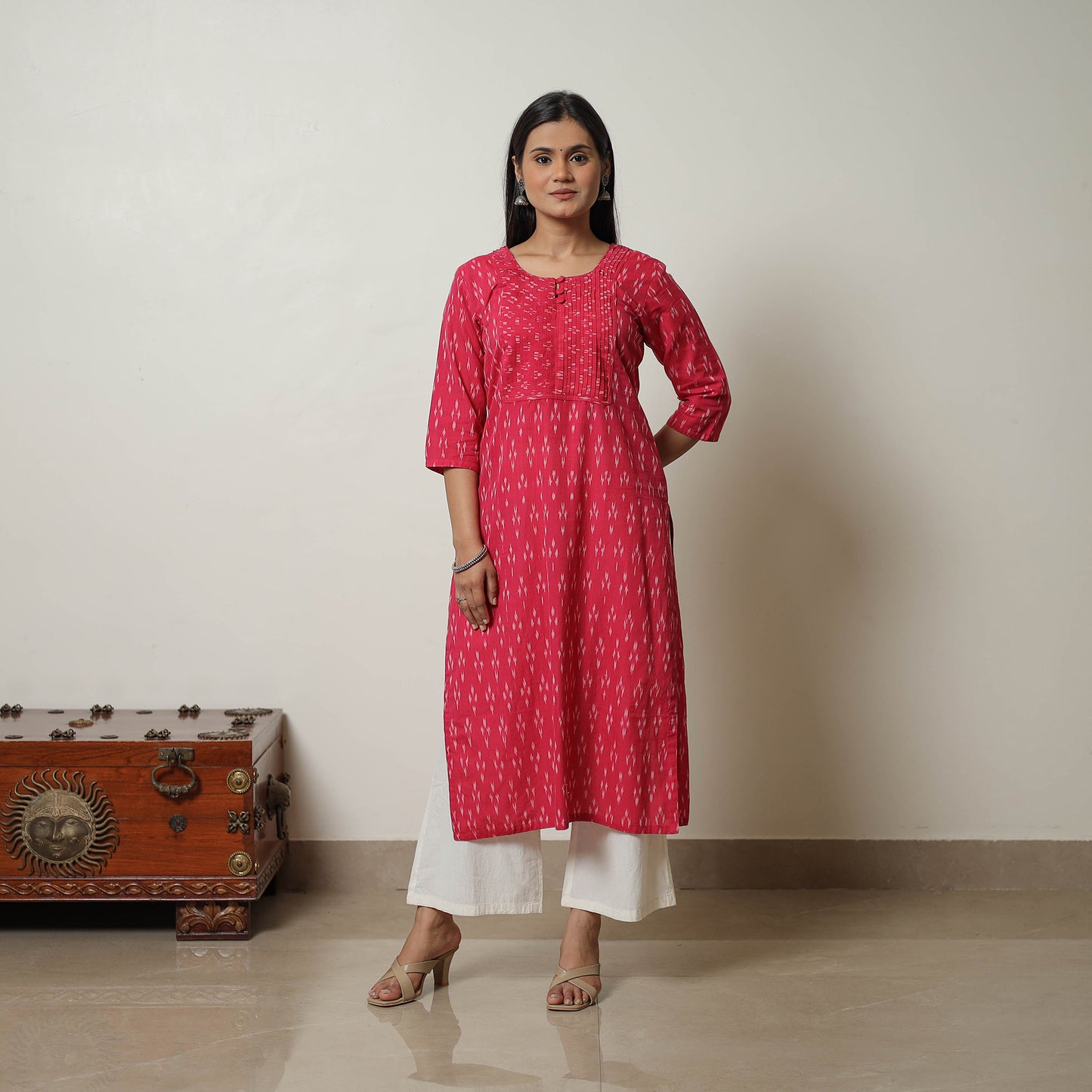 Pink - Mercerised Cotton Straight Pochampally Ikat Kurta 06