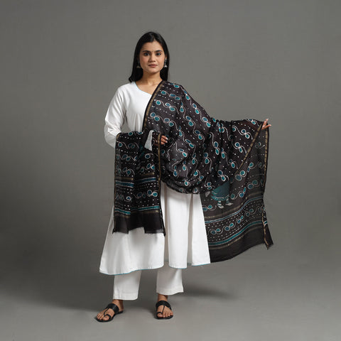 Black - Handloom Chanderi Silk Hand Batik Printed Dupatta 10