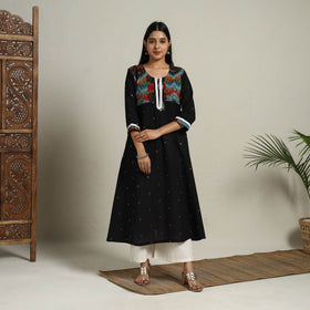 Buy Ikat Mosaic Fusion A-Line Jacquard Cotton Black Kurta
