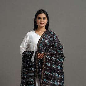 Black - Handloom Chanderi Silk Hand Batik Printed Dupatta 10