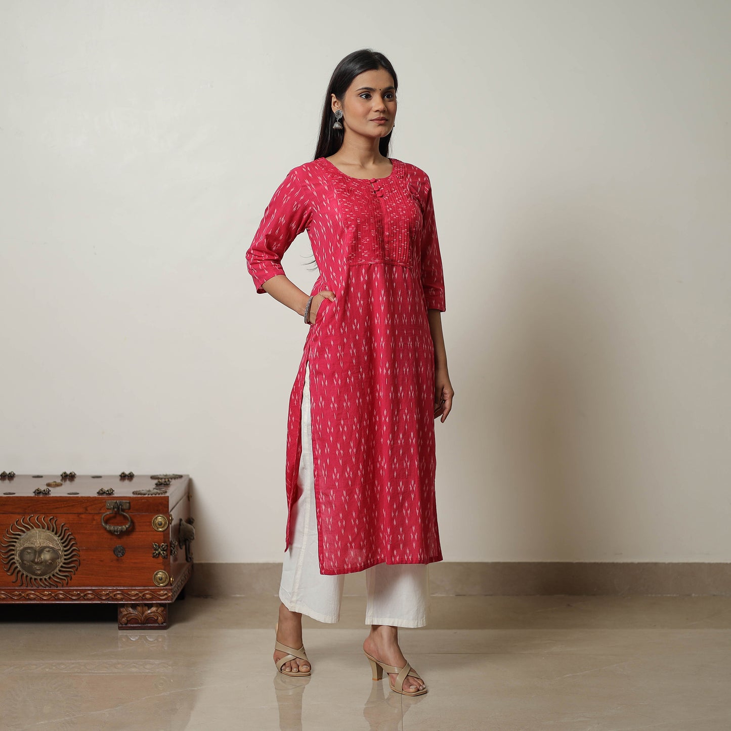 Pink - Mercerised Cotton Straight Pochampally Ikat Kurta 06