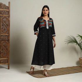 Buy Ikat Mosaic Fusion A-Line Jacquard Cotton Black Kurta
