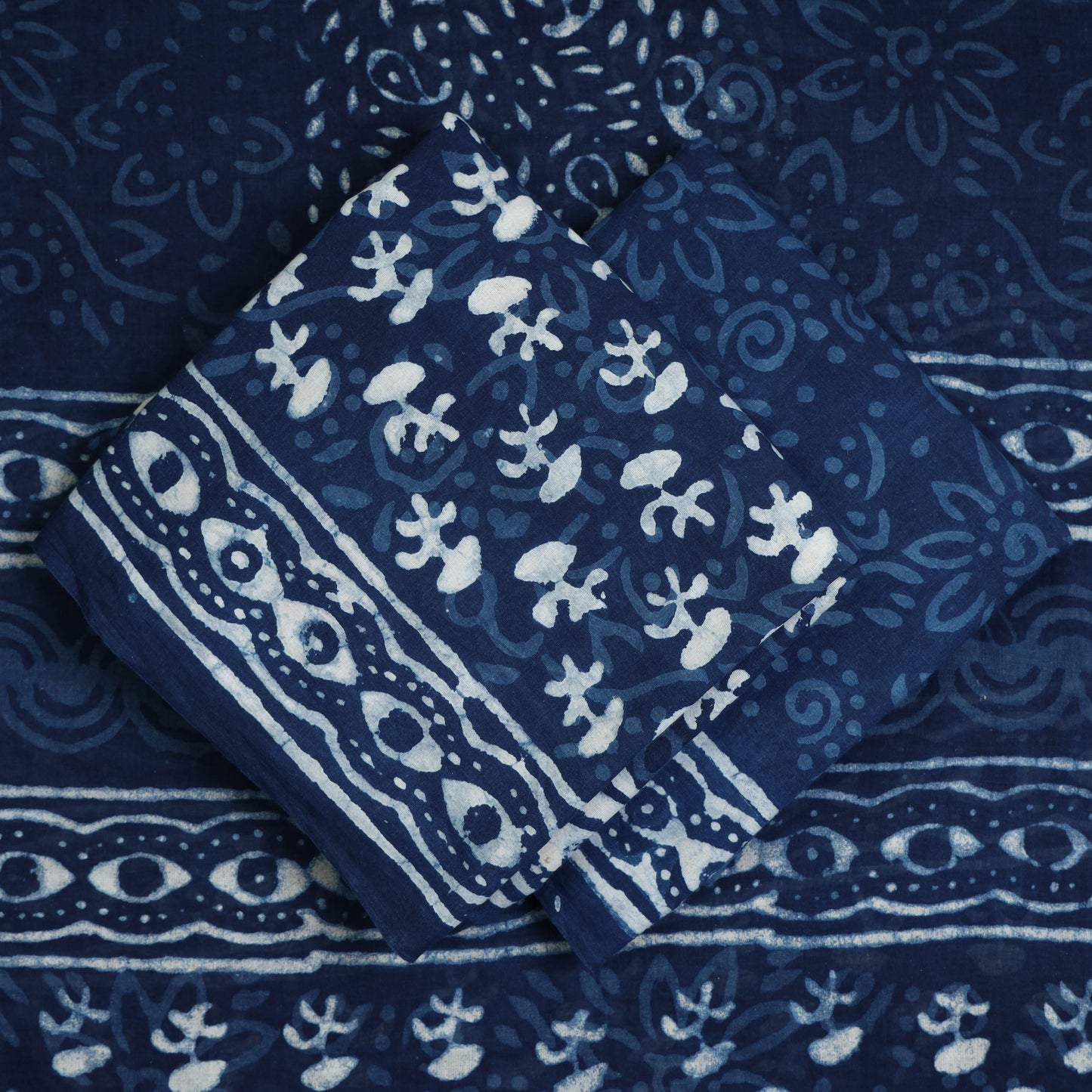 Blue - 3pc Indigo Bagru Block Print Cotton Dress Material Set 05