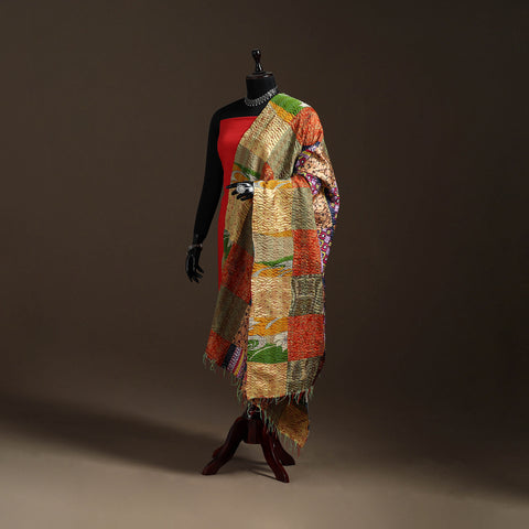 Multicolor - Bengal Hand Embroidery Patchwork Reversible Silk Kantha Dupatta 25