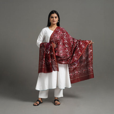 Maroon - Handloom Chanderi Silk Hand Batik Printed Dupatta 09