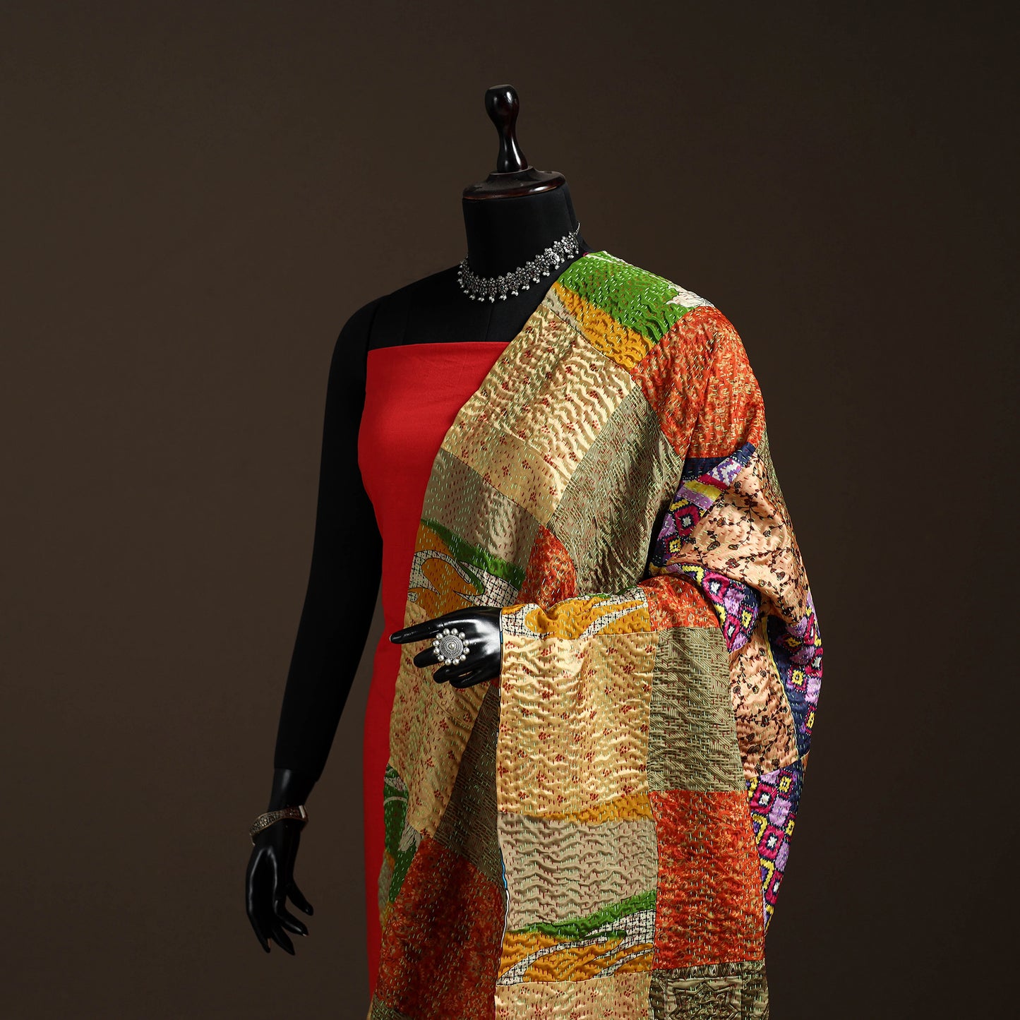 Multicolor - Bengal Hand Embroidery Patchwork Reversible Silk Kantha Dupatta 25