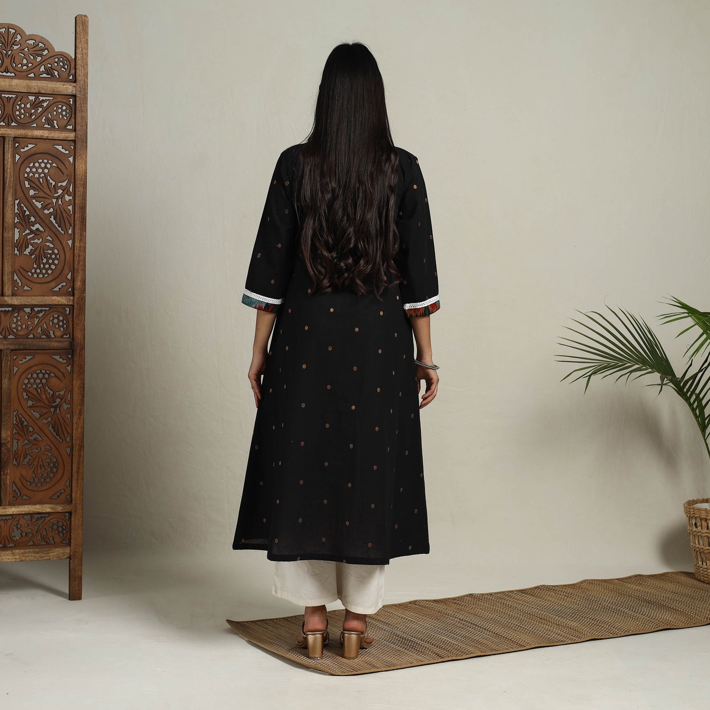 Buy Ikat Mosaic Fusion A-Line Jacquard Cotton Black Kurta