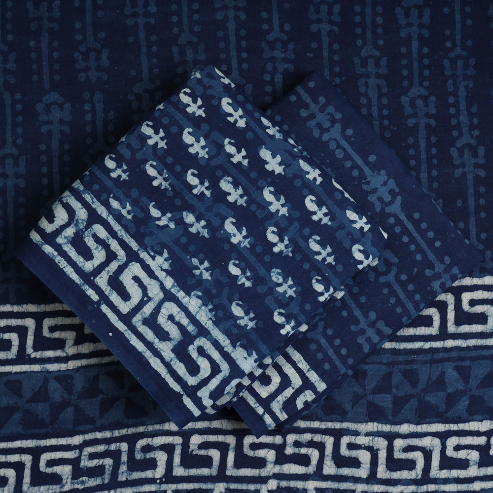 Blue - 3pc Indigo Bagru Block Print Cotton Dress Material Set 06