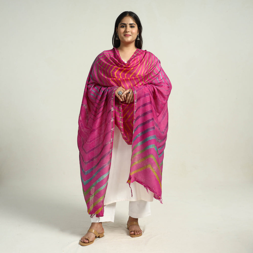 Pink - Traditional Tie & Dye Chanderi Silk Leheriya Dupatta 39